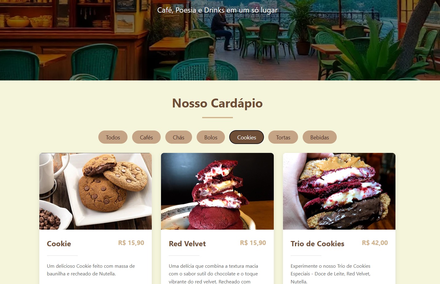 Screenshot da página do projeto Cardápio Poema Café