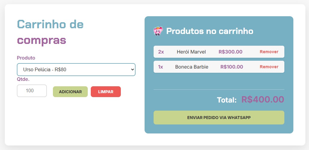 Screenshot da página do projeto PlayTime Store Shopping Cart